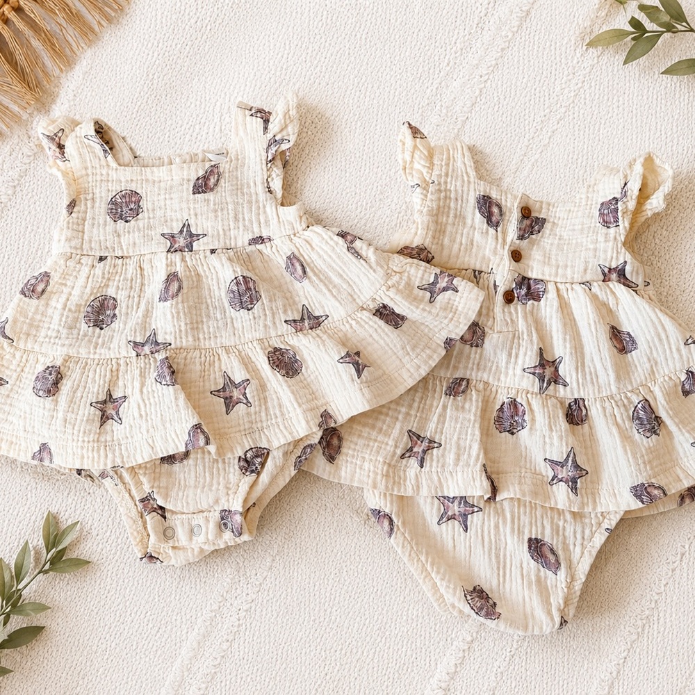 Carter’s Child of Mine Seashell & Starfish Gauze Bubble Romper Dress | 12M